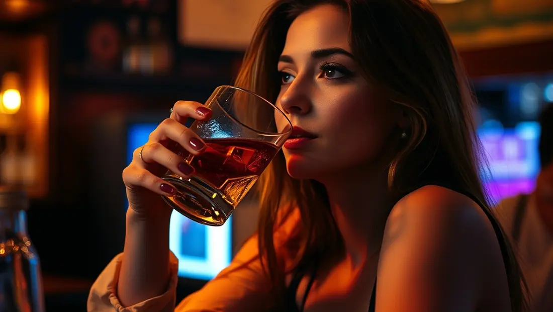 Une femme boit un verre d'alcool dans un bar