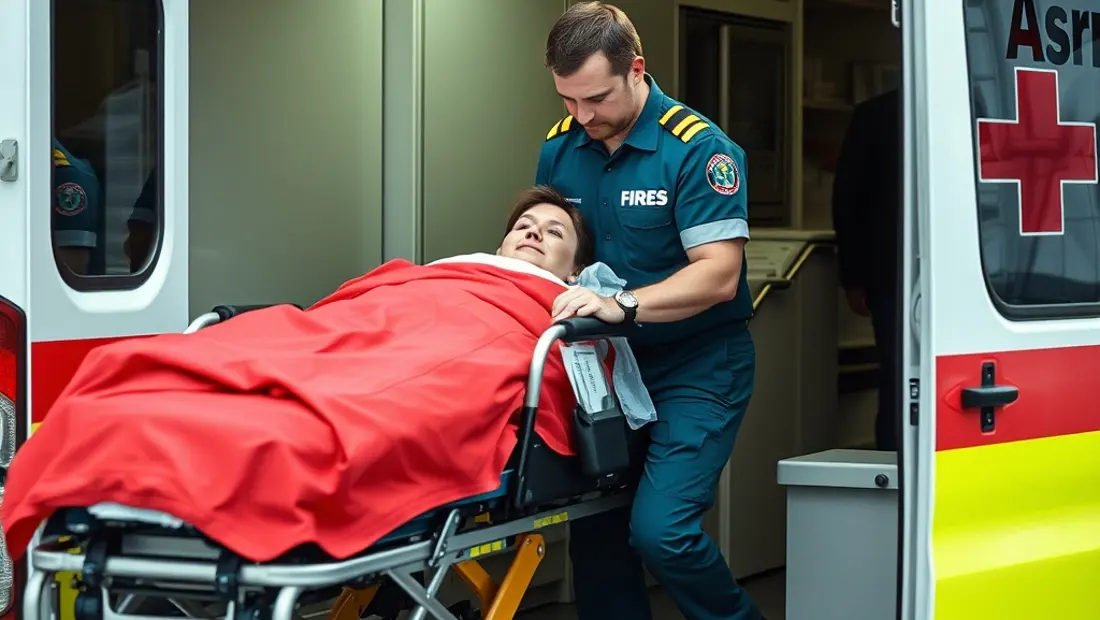 Infirmier avec patient sur civière.