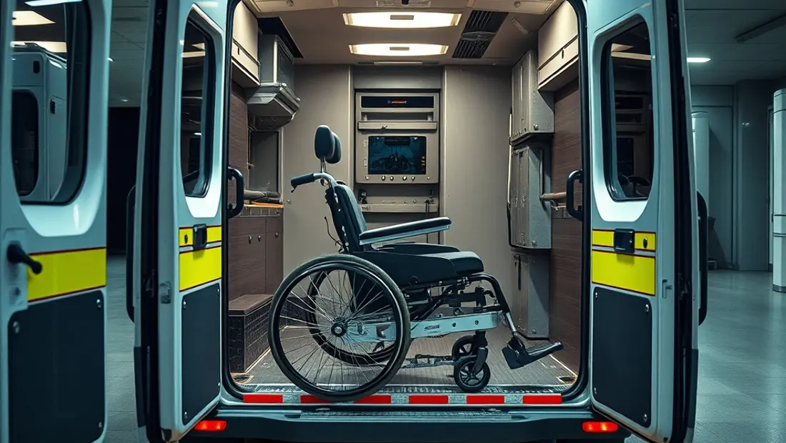 Ambulance et fauteuil roulant dans un garage