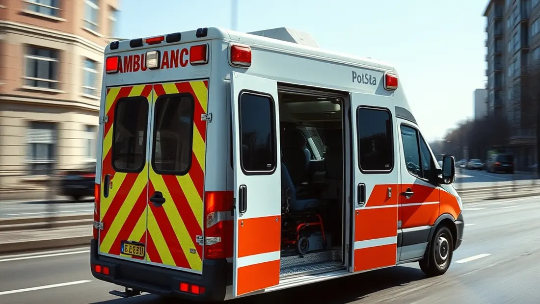 Ambulance en mouvement avec fauteuil roulant à l'intérieur