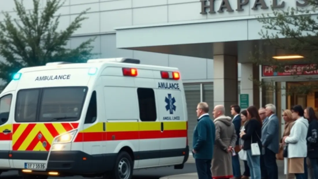 Ambulance devant hôpital avec personnes en attente