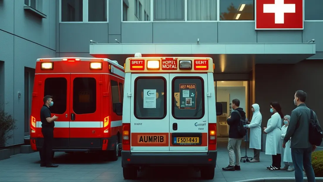 Ambulance devant un hôpital avec patients en attente
