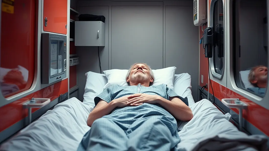 Kinésithérapeutes soignant un patient dans une ambulance.