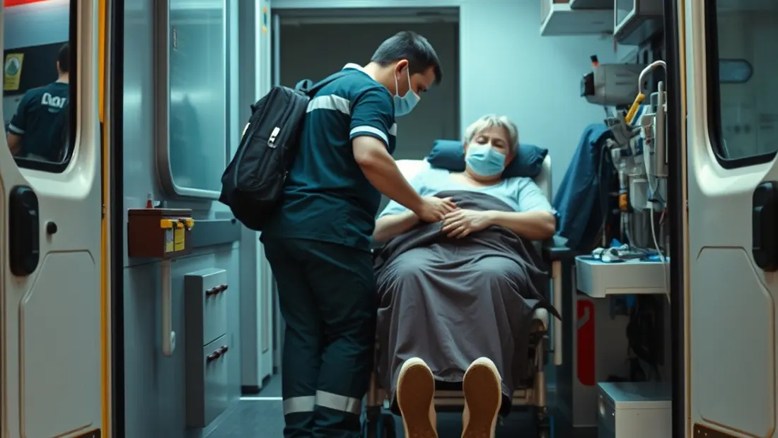 Kinésithérapeute aidant un patient à descendre de l'ambulance.