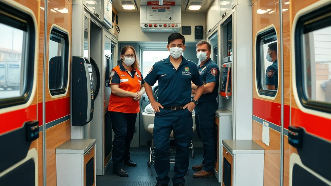 Équipe médicale à l'intérieur d'ambulance type C