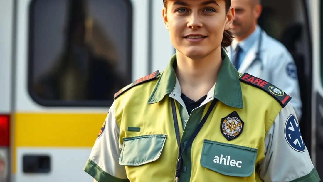 Ambulancier auxiliaire en uniforme avec médecin en arrière-plan.