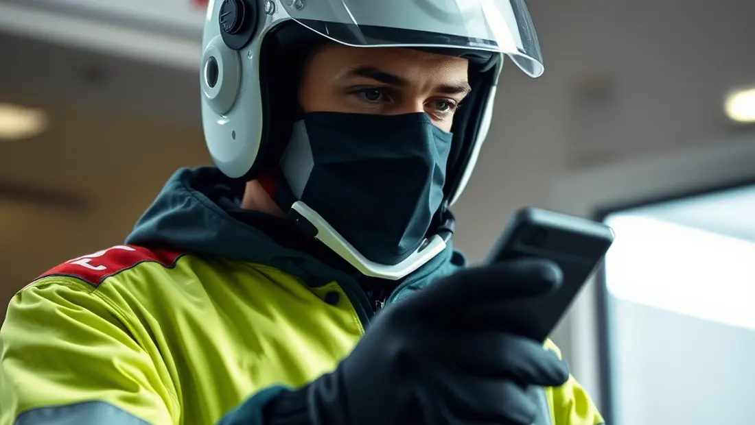 Ambulancier auxiliaire manipulant un appareil médical.