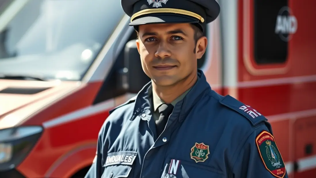 Ambulancier en uniforme devant une ambulance