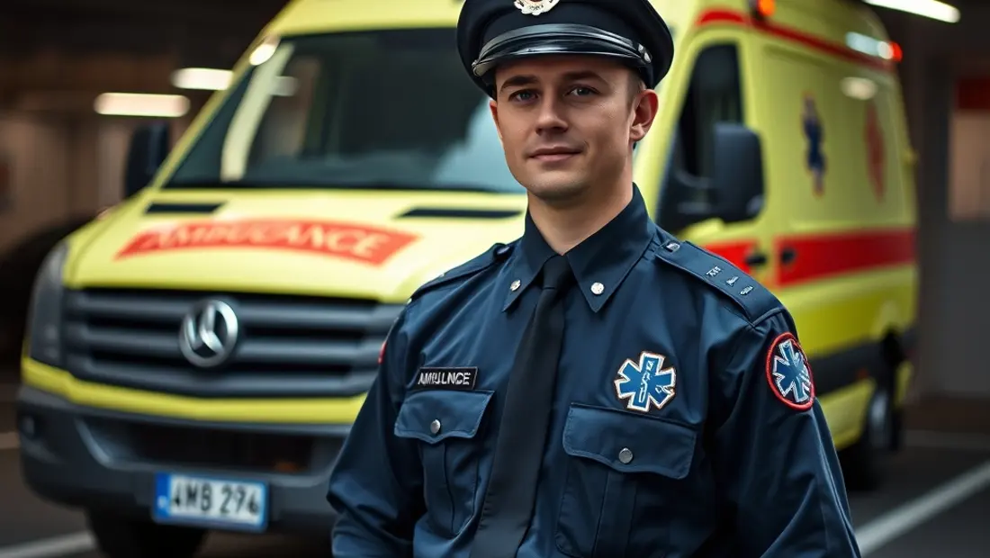 Ambulancier en uniforme devant une ambulance