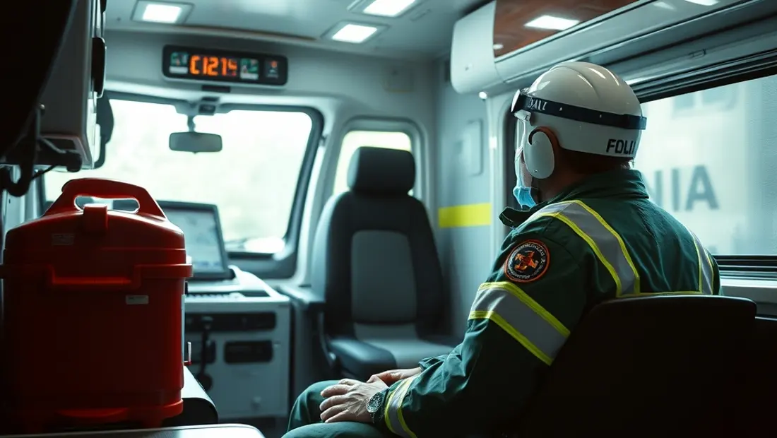 Ambulancier dans l'ambulance avec le tableau de bord.