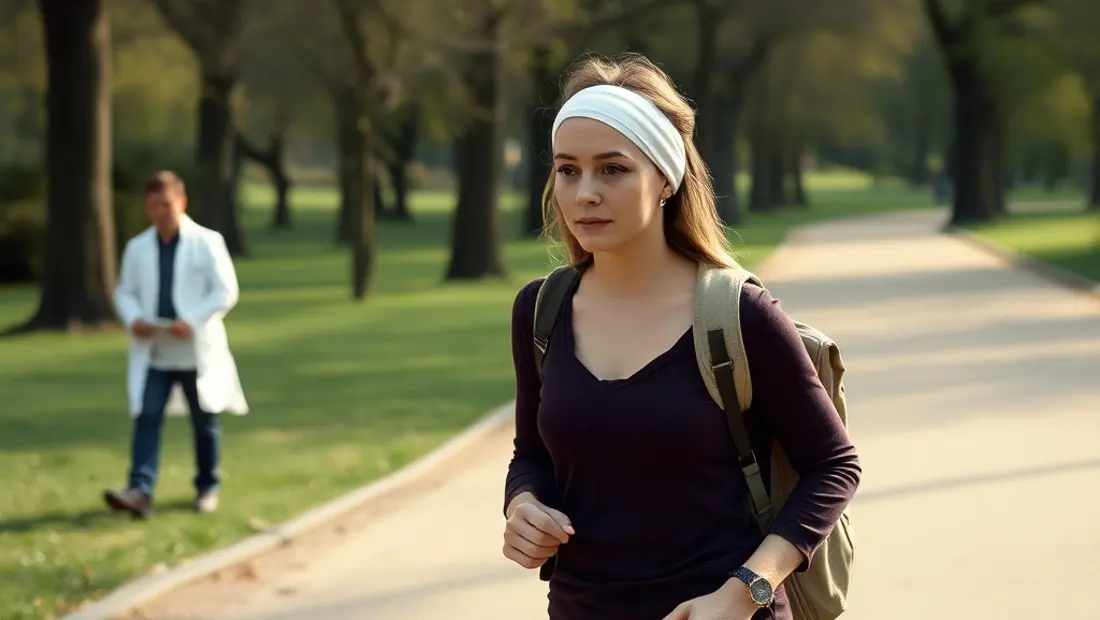 Femme avec un bandage sur la tête dans un parc