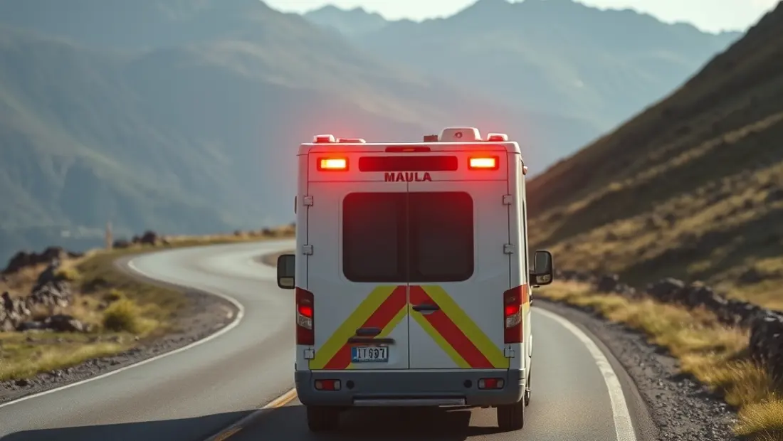 Ambulance en mouvement dans un paysage montagneux