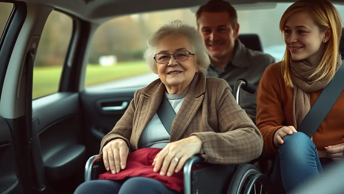 Famille accompagnant un membre âgé en fauteuil roulant