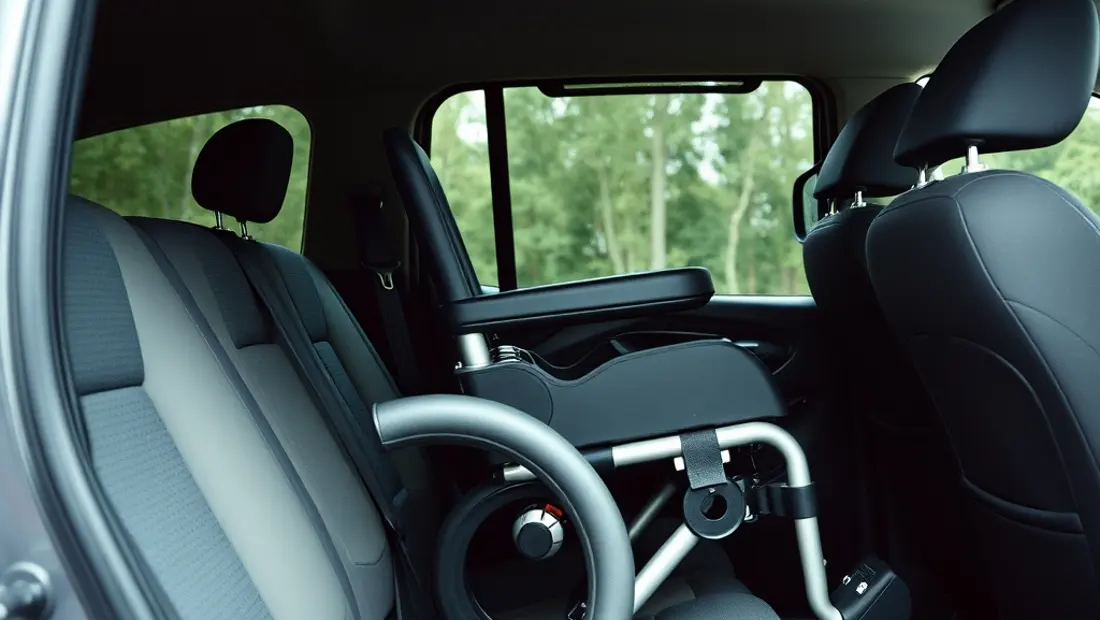 Fauteuil roulant sécurisé dans une voiture adaptée