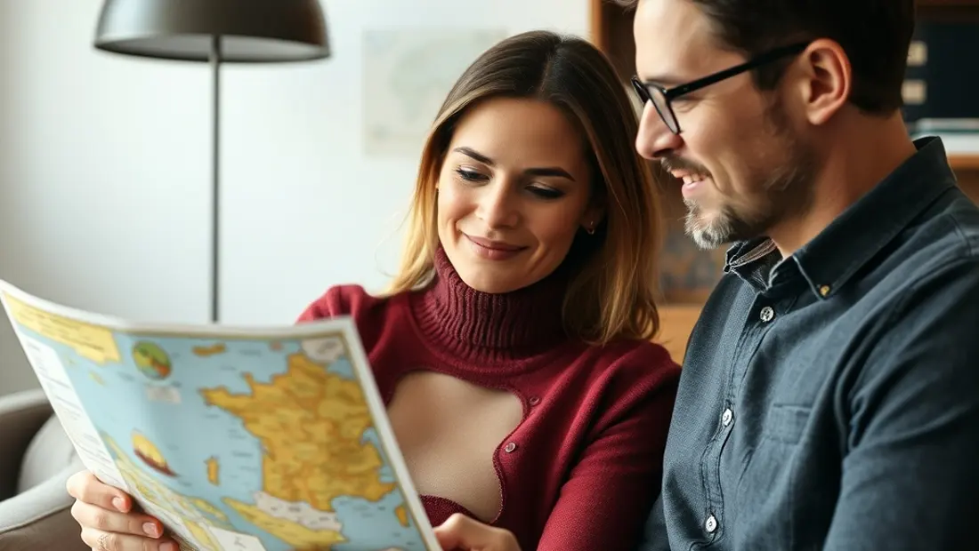 Un couple regardant une carte de France ensemble.
