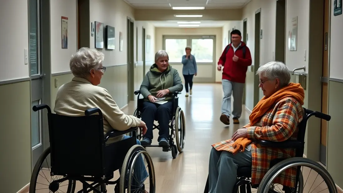 Personnes âgées ou handicapées dans un hall de centre médico-social