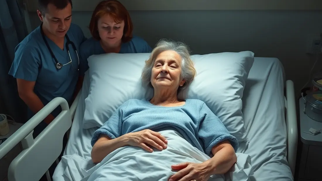 Personne âgée dans un lit d'hôpital avec des infirmières et des familiers