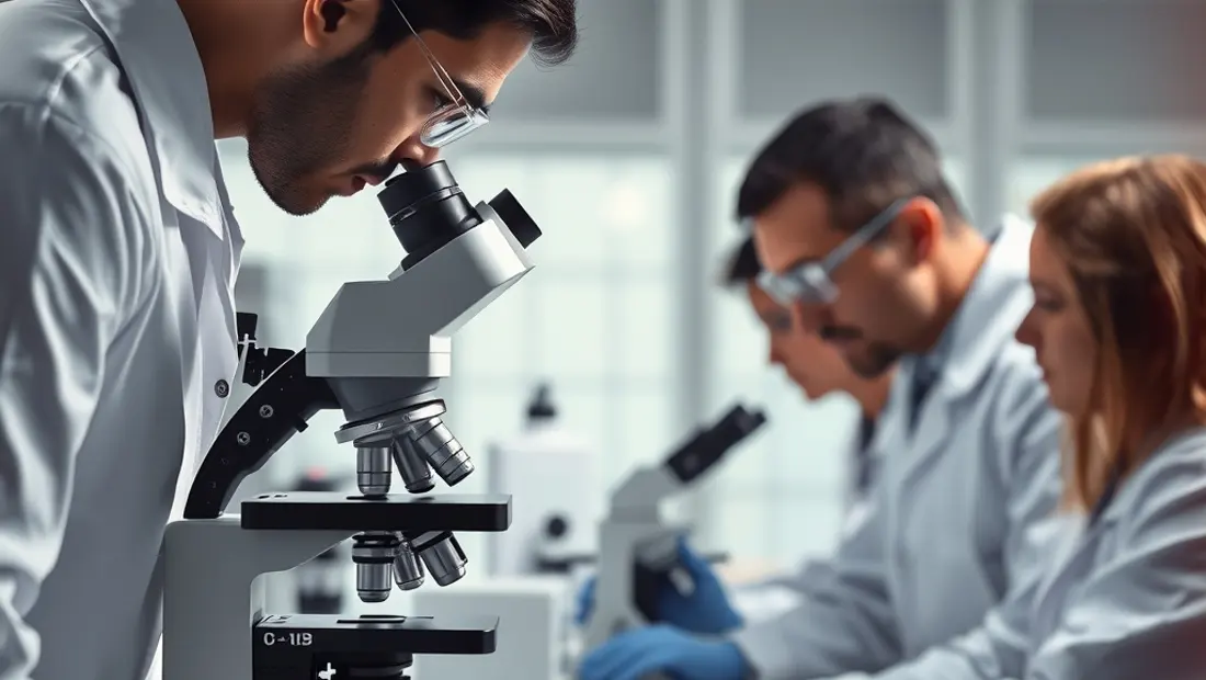 Laboratoire de recherche médicale avec scientifiques et microscope