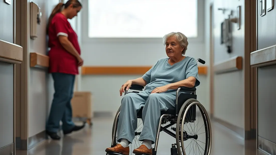 Aide à un patient en fauteuil roulant dans un hôpital.