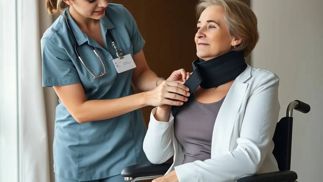 Infirmière posant un collier de soutien pour un patient.