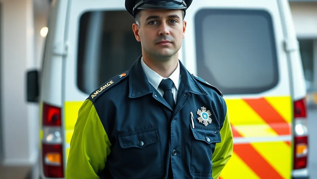 Ambulancier en uniforme devant une ambulance
