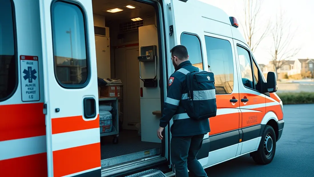 Ambulancier en train de monter dans une ambulance
