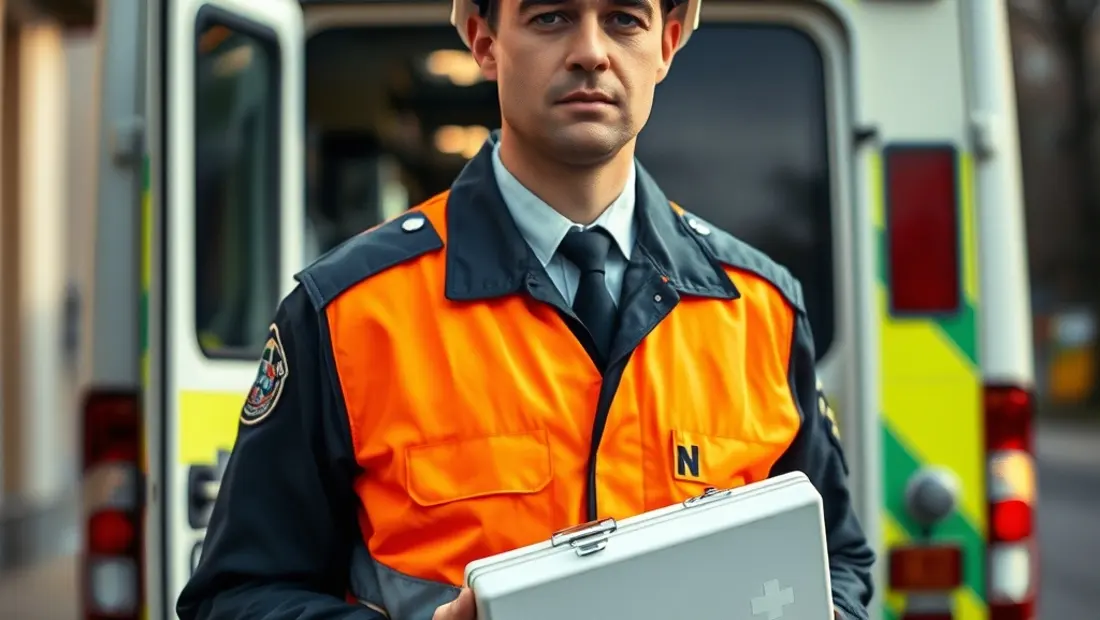 Ambulancier en uniforme devant une ambulance
