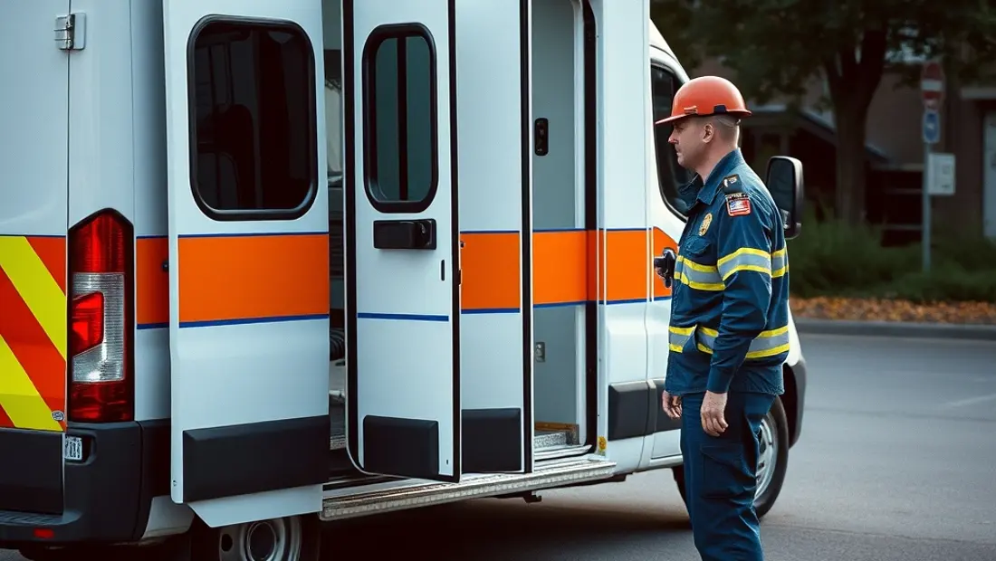 Ambulancier devant une ambulance ouverte