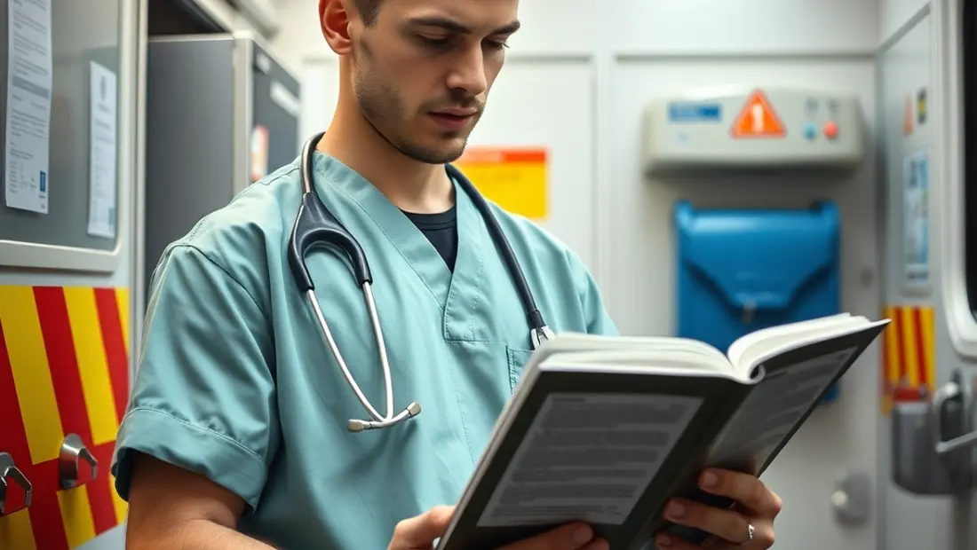 Jeune homme lisant un livre sur la sécurité médicale.