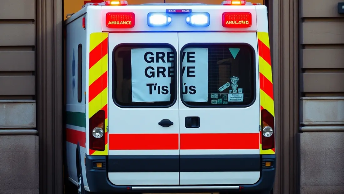 Une ambulance bloquée par un message de grève.