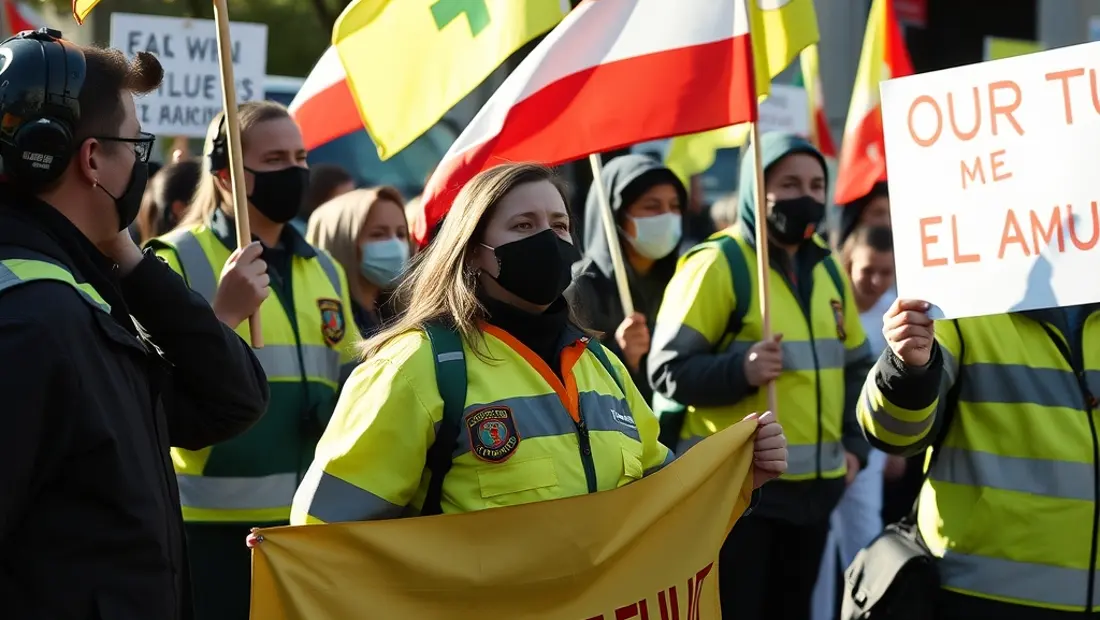 Des employés manifestent avec des pancartes et des banderoles.