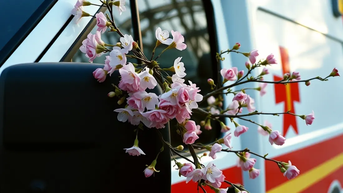 Fleurs de printemps dans le pare-chocs d'une ambulance.