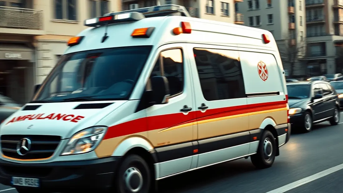 Ambulance en mouvement sur une route urbaine.