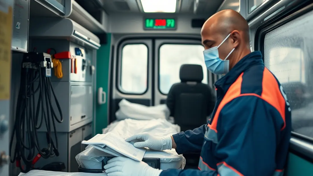 Ambulancier manipulant des équipements médicaux.