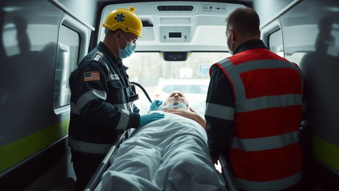 Ambulanciers transportant un patient dans une ambulance.