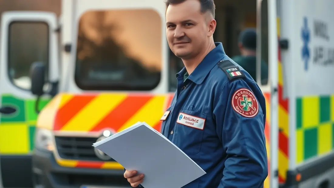 Ambulancier devant une ambulance.