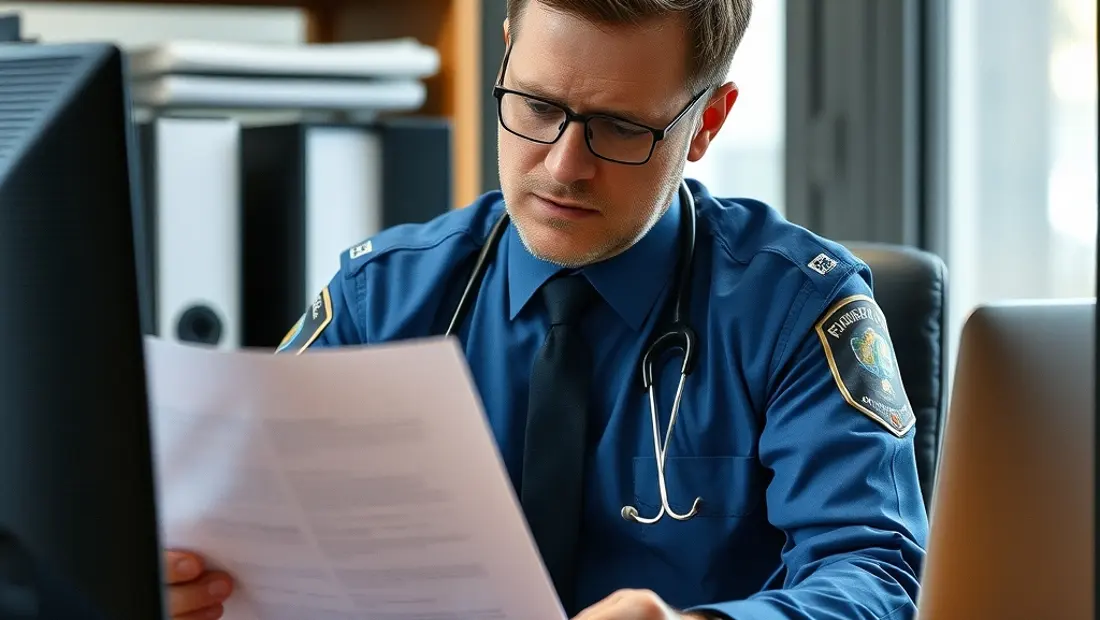 Ambulancier regardant un document.