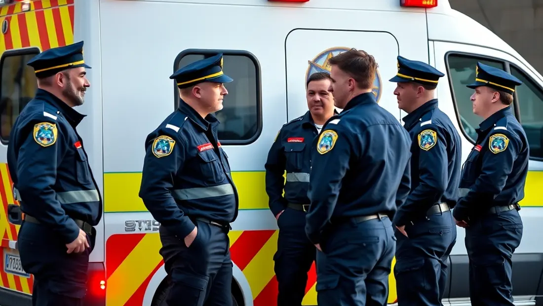 Ambulanciers en uniforme discutant.