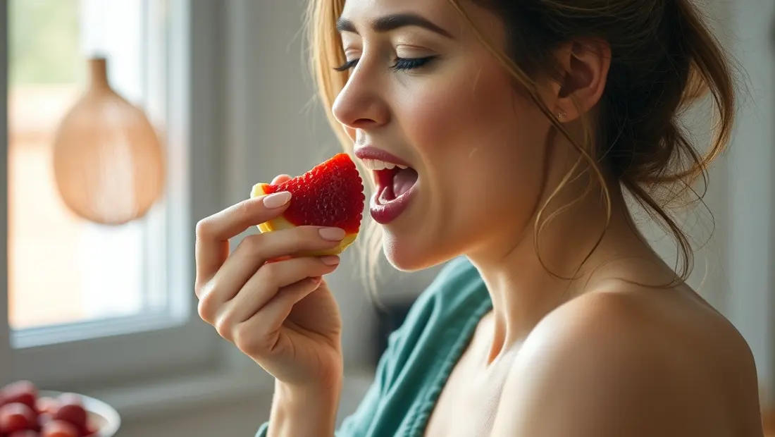 Une femme mange des fruits frais à la maison.