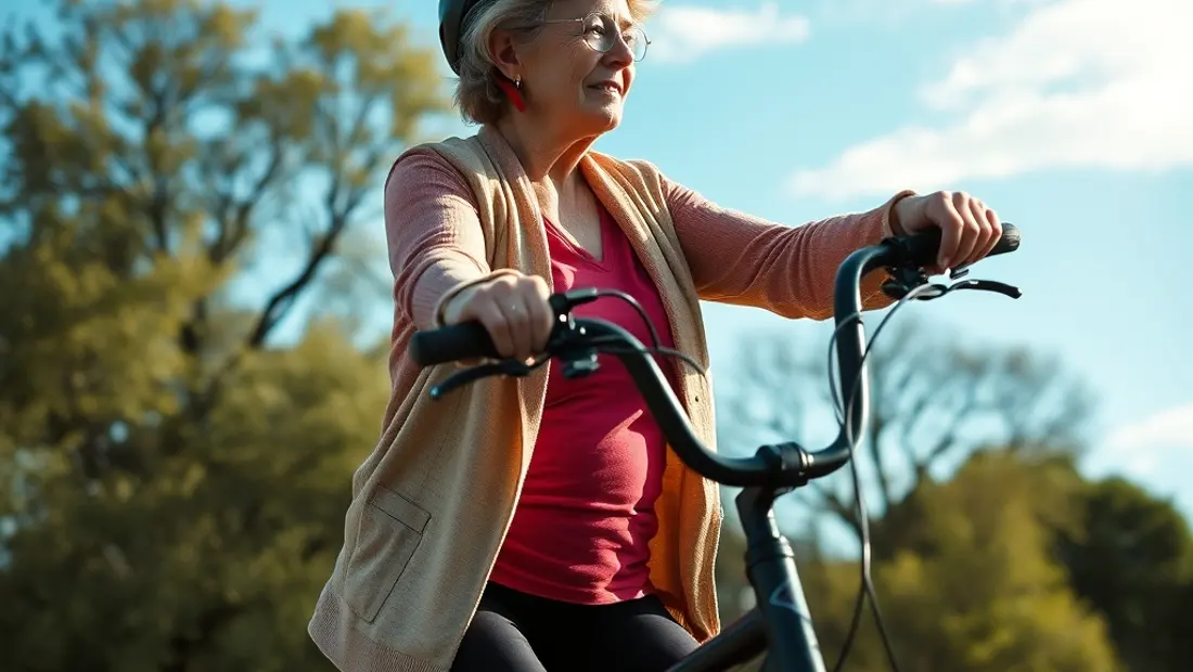 Femme âgée faisant du vélo en plein air