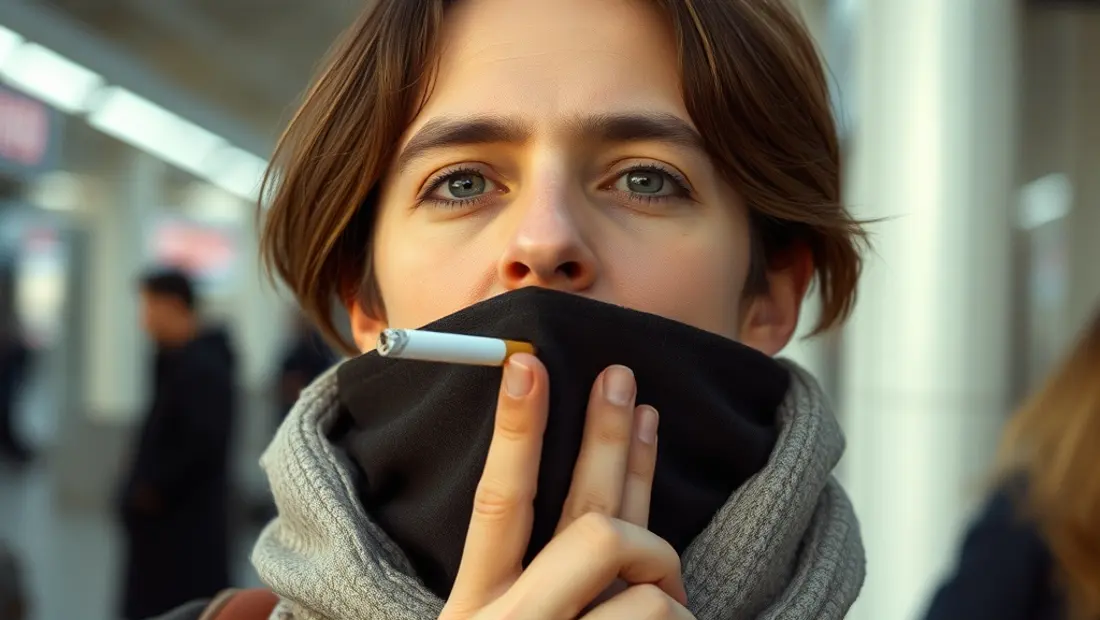 Personne se protégeant la bouche en fumant.