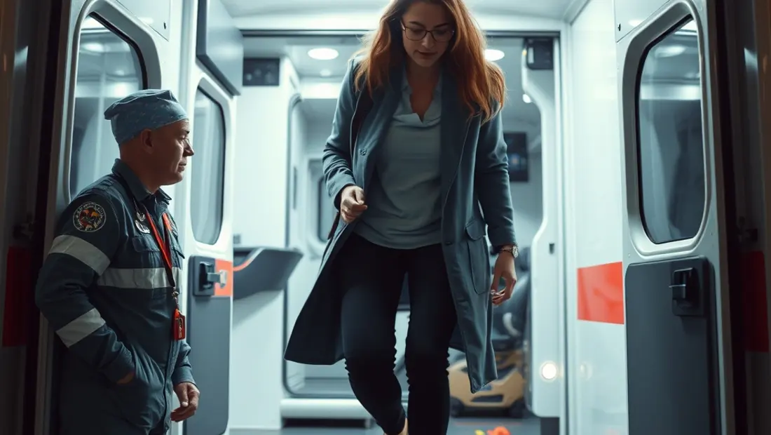 Femme montant dans un véhicule de secours médical