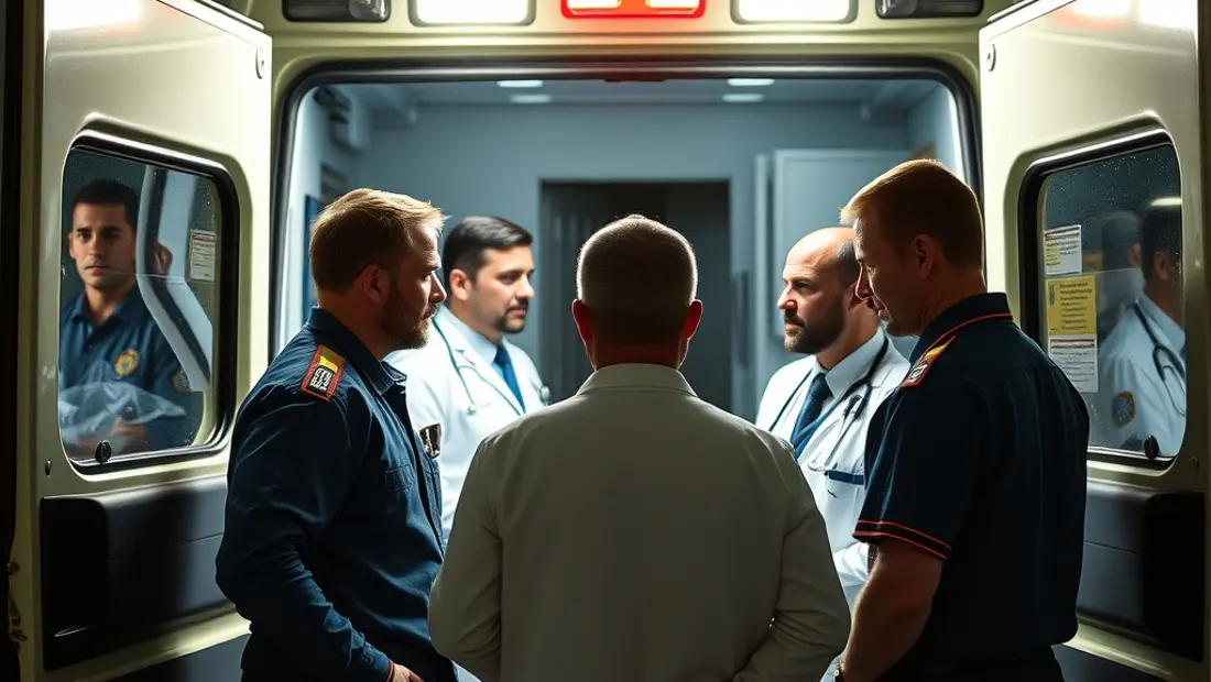 Équipe médicale autour d'une ambulance