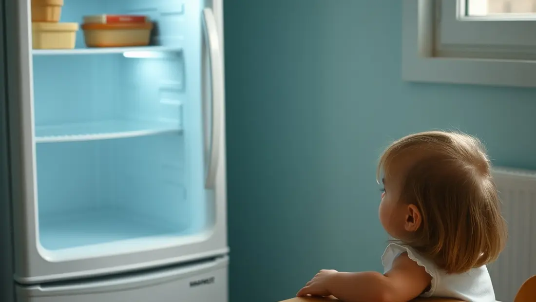 Une enfant inquiète devant un réfrigérateur vide.
