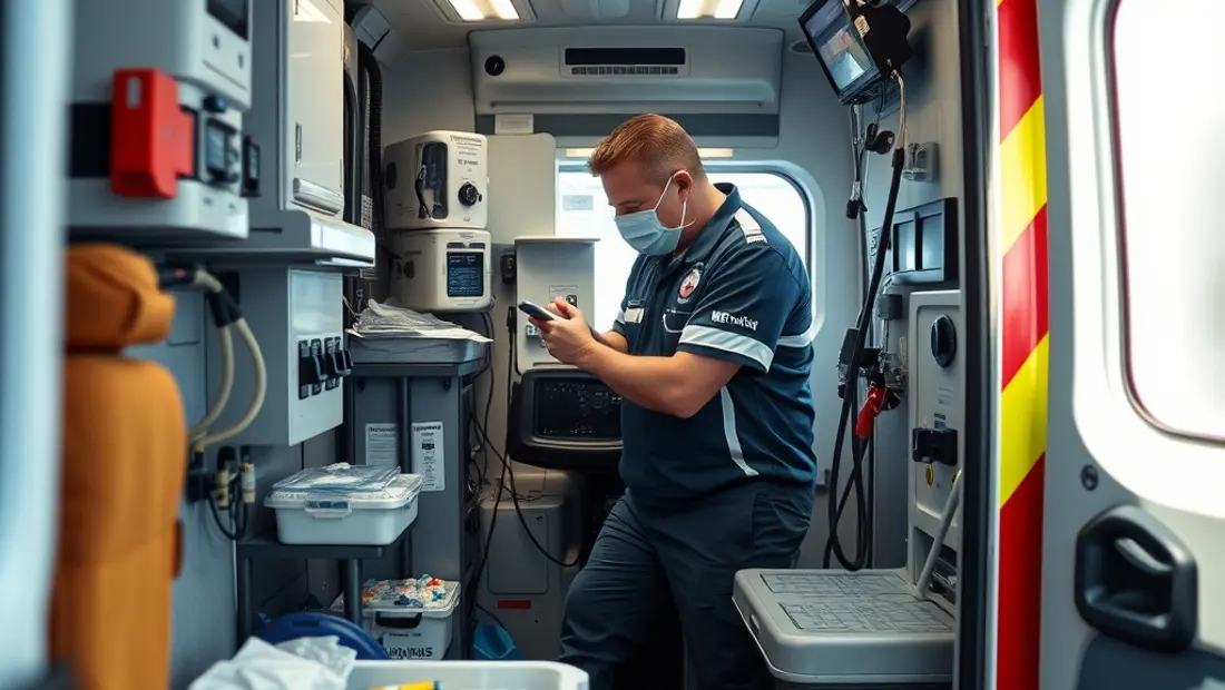 Installation de matériel médical dans une ambulance.