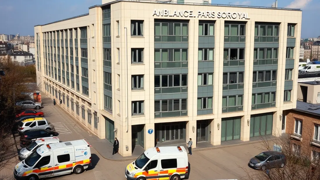 Bâtiment de soins avec ambulances et véhicules de secours