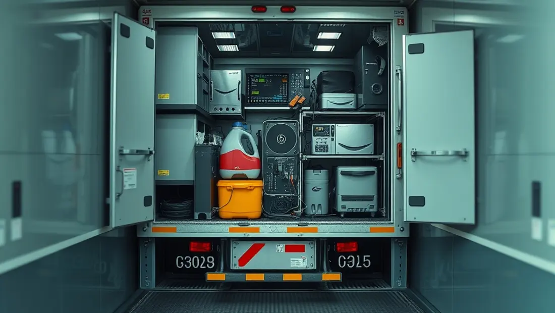 Camion de transport sanitaire chargé de produits électroniques