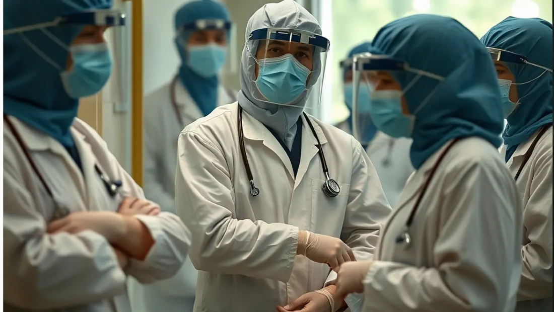 Médecins en tenue de protection médicale se préparent pour une visite