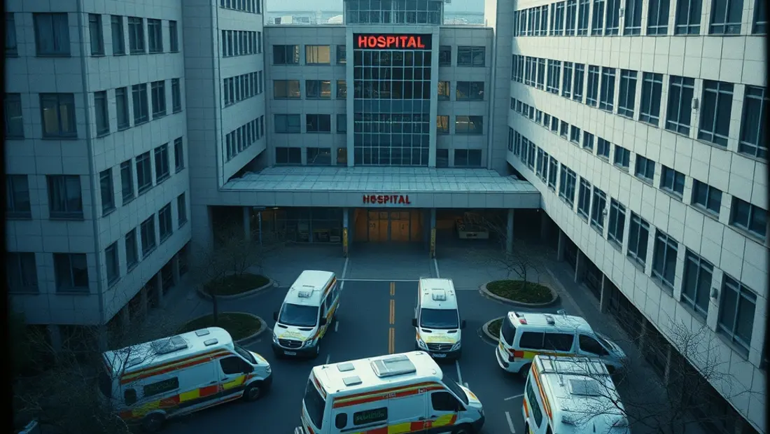 Vue d'ensemble d'un hôpital avec des véhicules sanitaires
