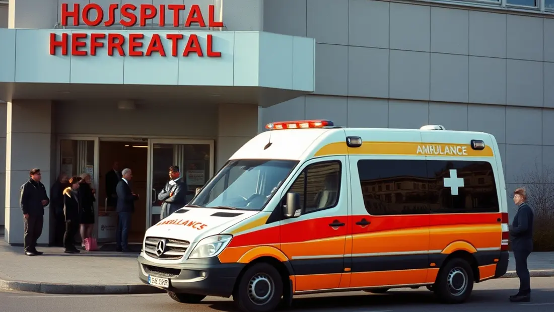 Ambulance devant un hôpital avec des gens qui attendent